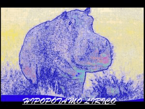 Ilustración de un hipopótamo estilizado, con un toque de arte abstracto, en tonos azules y pasteles, acompañado del texto 'HIPOPOTAMO LÍRICO' en la parte inferior.