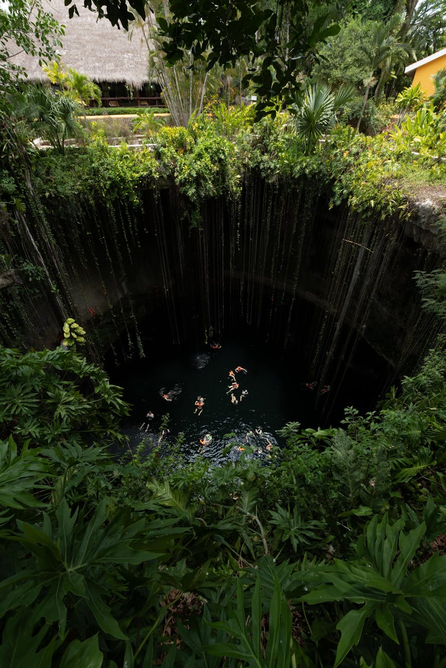 high angle view of cenote ik kil piste tinum municipality yucatan mexico